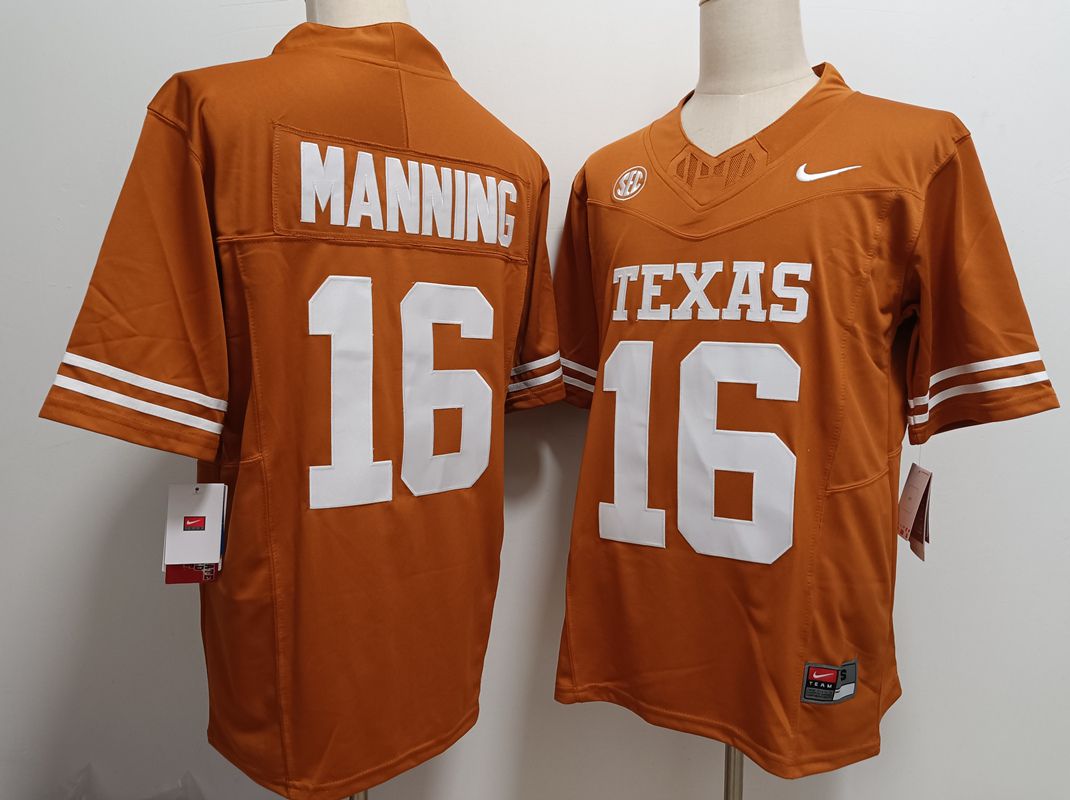 Men Texas Longhorns #16 Manning Yellow Nike 2025 NCAA Jersey